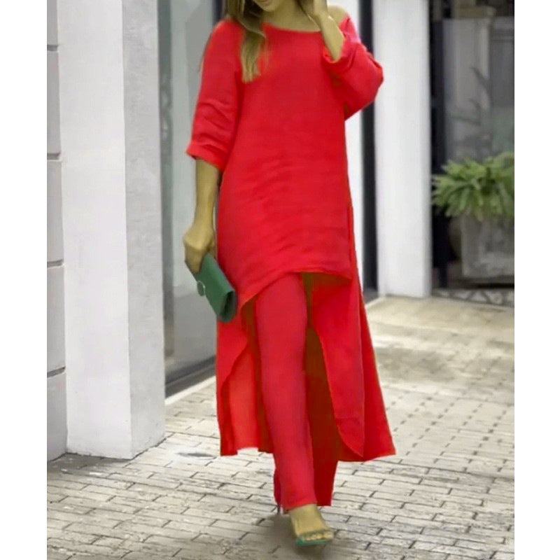 Clarisse | Women's Linen Two-Piece Set Asymmetric Top & Wide-Leg Trousers