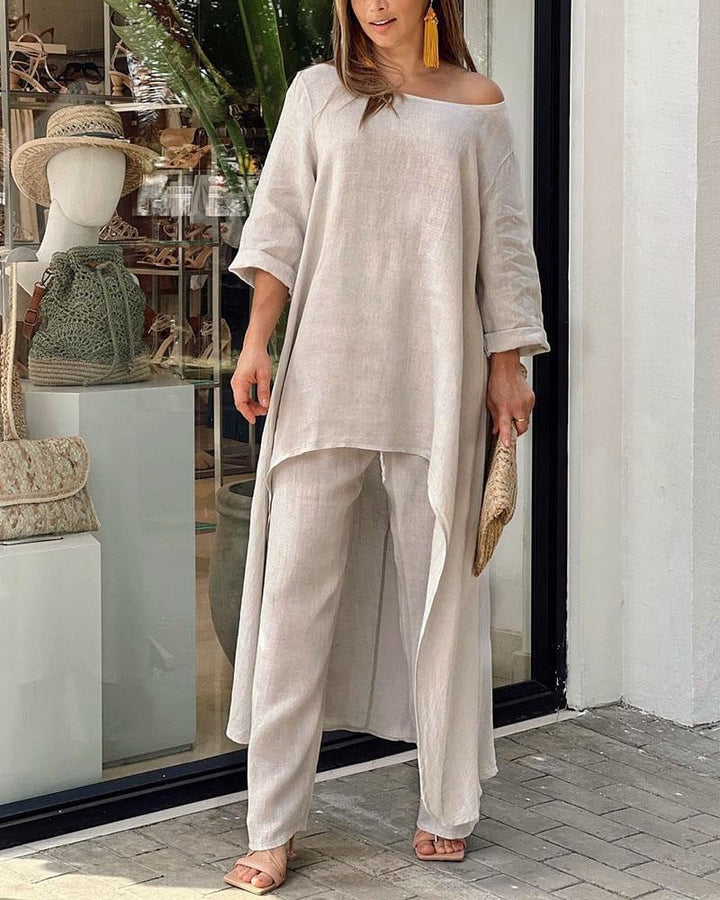 Clarisse | Women's Linen Two-Piece Set Asymmetric Top & Wide-Leg Trousers