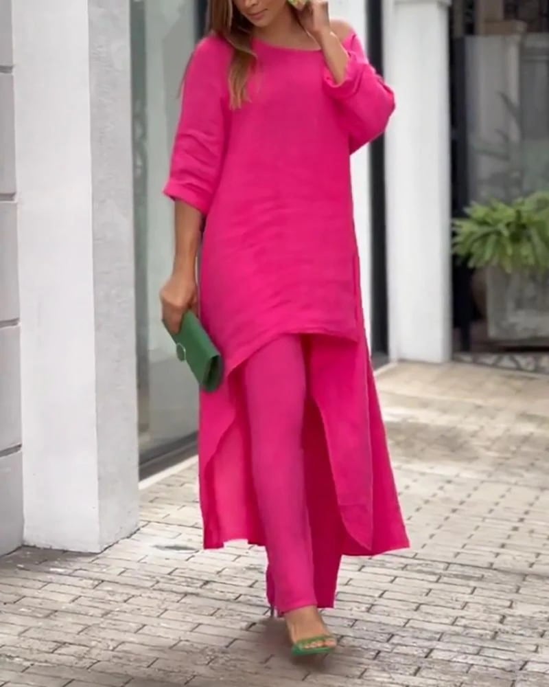Clarisse | Women's Linen Two-Piece Set Asymmetric Top & Wide-Leg Trousers