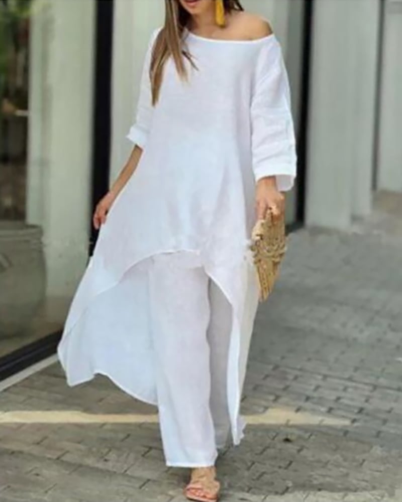 Clarisse | Women's Linen Two-Piece Set Asymmetric Top & Wide-Leg Trousers
