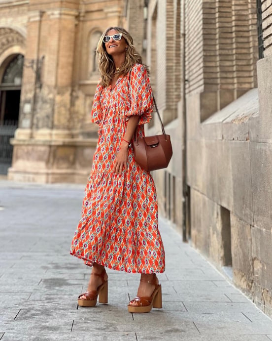 Margot | Women's V-Neck Puff Sleeve Boho Floral Maxi Dress