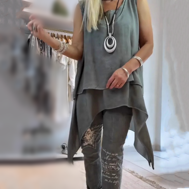 Oriane | Women's Two-Piece Set Asymmetric Sleeveless Top & Printed Trousers