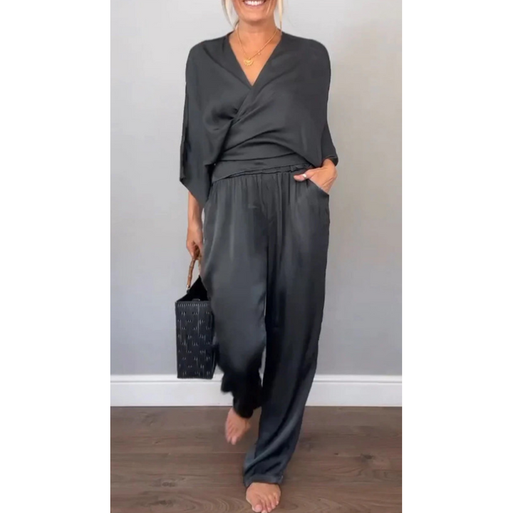 Sofia | Women's 2 Piece Satin Wrap Top and Wide Leg Trouser Set