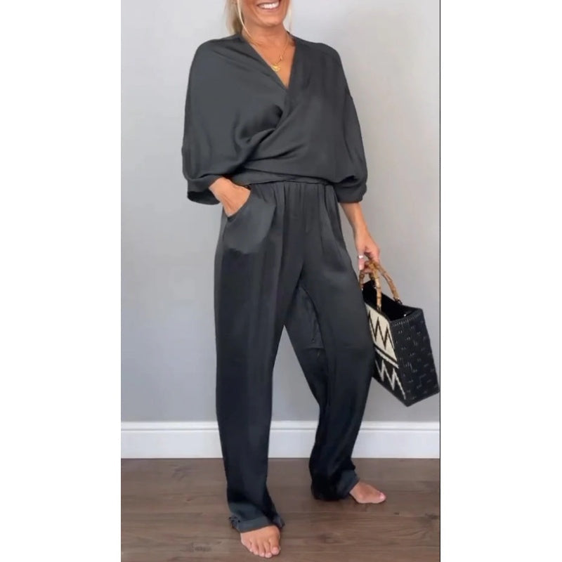 Sofia | Women's 2 Piece Satin Wrap Top and Wide Leg Trouser Set