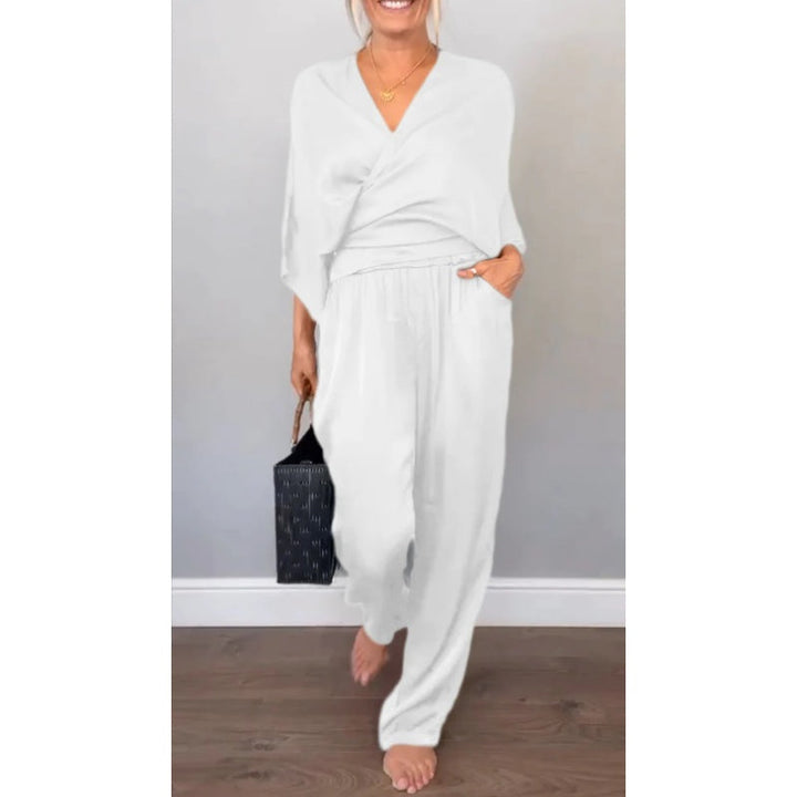 Sofia | Women's 2 Piece Satin Wrap Top and Wide Leg Trouser Set