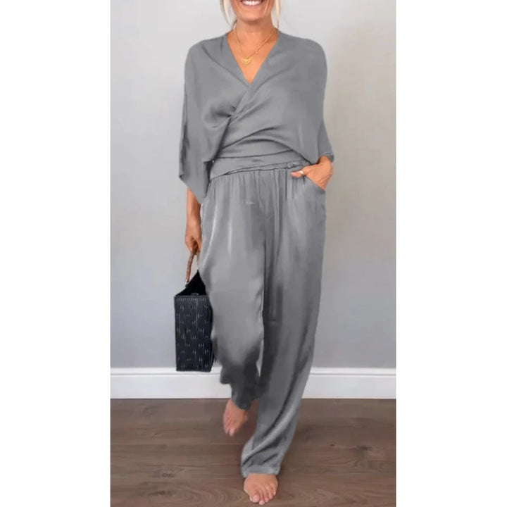 Sofia | Women's 2 Piece Satin Wrap Top and Wide Leg Trouser Set