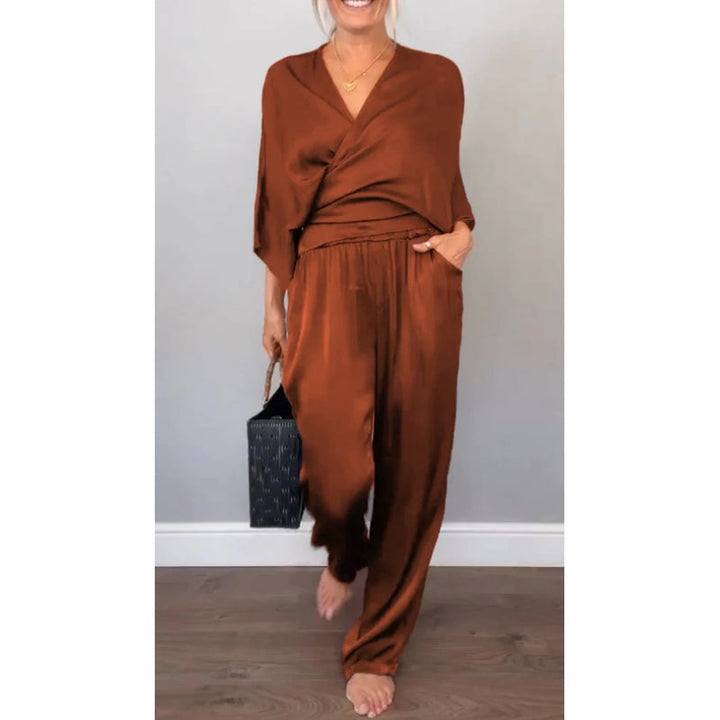 Sofia | Women's 2 Piece Satin Wrap Top and Wide Leg Trouser Set