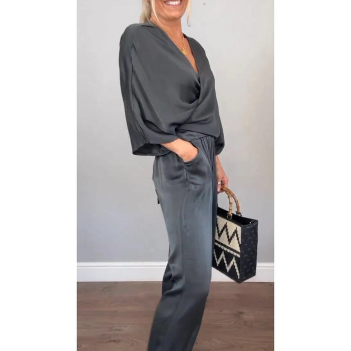 Sofia | Women's 2 Piece Satin Wrap Top and Wide Leg Trouser Set