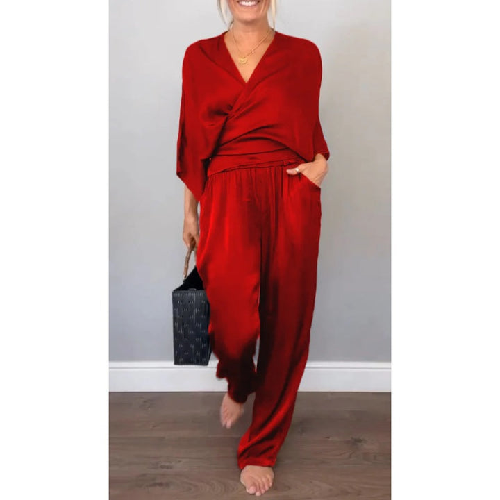 Sofia | Women's 2 Piece Satin Wrap Top and Wide Leg Trouser Set