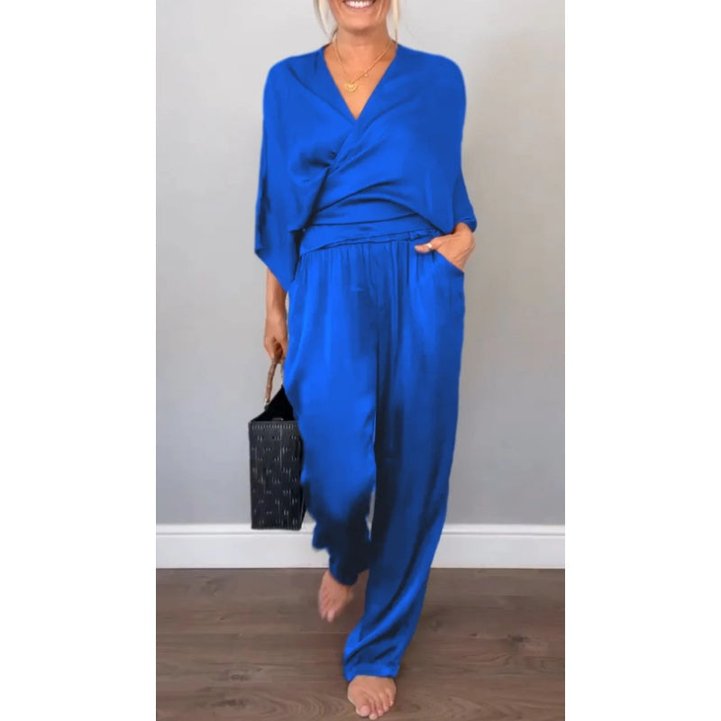 Sofia | Women's 2 Piece Satin Wrap Top and Wide Leg Trouser Set