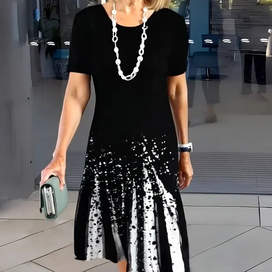 Dalia | Women's Colour Block Print Midi Dress Short Sleeve Round Neck Dress