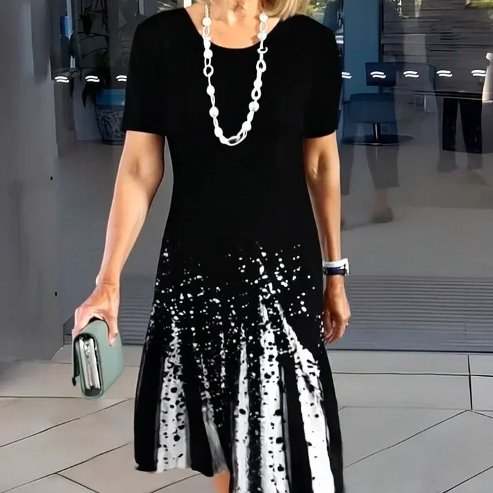 Dalia | Women's Colour Block Print Midi Dress Short Sleeve Round Neck Dress