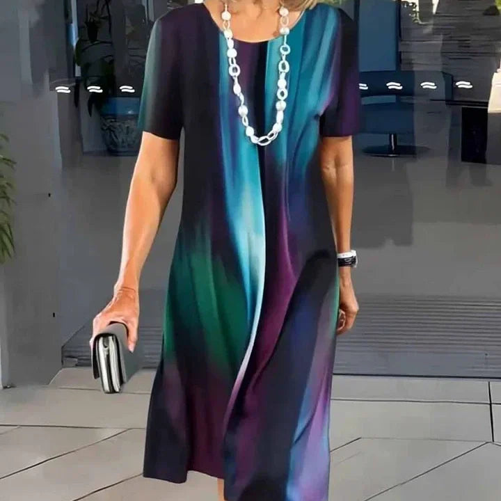 Dalia | Women's Colour Block Print Midi Dress Short Sleeve Round Neck Dress