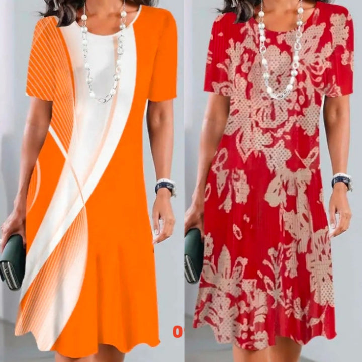 Dalia | Women's Colour Block Print Midi Dress Short Sleeve Round Neck Dress