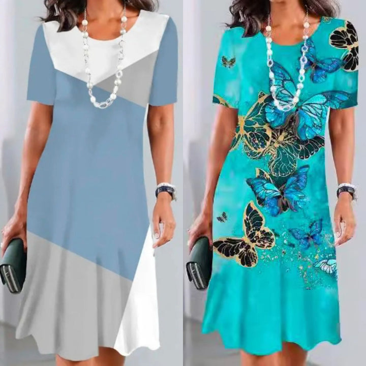 Dalia | Women's Colour Block Print Midi Dress Short Sleeve Round Neck Dress