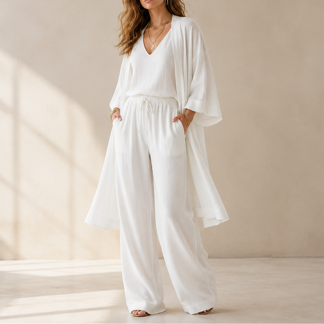 Sunniva | Women's 3-Piece Loungewear Set Wide Leg Pants - White - Image 1