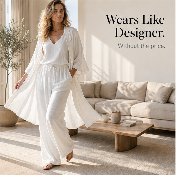 Sunniva | Women's 3-Piece Loungewear Set Wide Leg Pants - White - Image 10