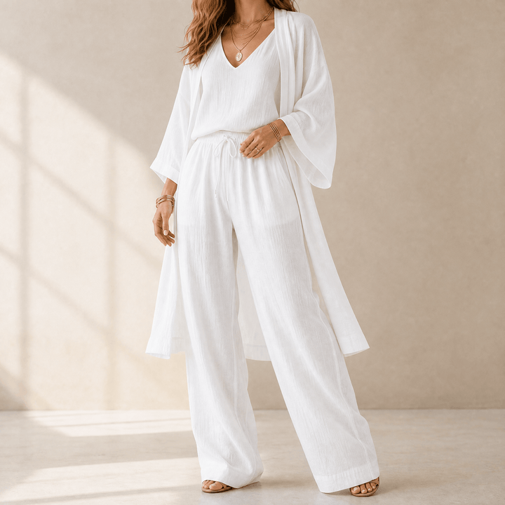 Sunniva | Women's 3-Piece Loungewear Set Wide Leg Pants - White - Image 17
