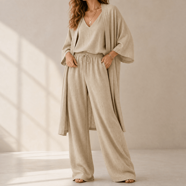 Sunniva | Women's 3-Piece Loungewear Set Wide Leg Pants - White - Image 18