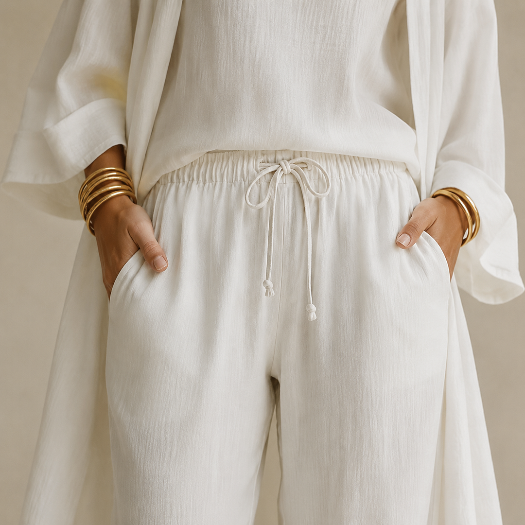 Sunniva | Women's 3-Piece Loungewear Set Wide Leg Pants - White - Image 6
