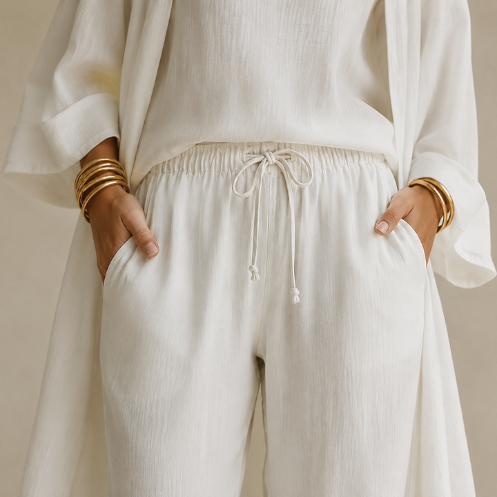 Sunniva | Women's 3-Piece Loungewear Set Wide Leg Pants - White - Image 6