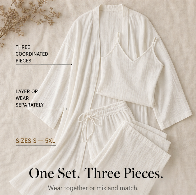 Sunniva | Women's 3-Piece Loungewear Set Wide Leg Pants - White - Image 9