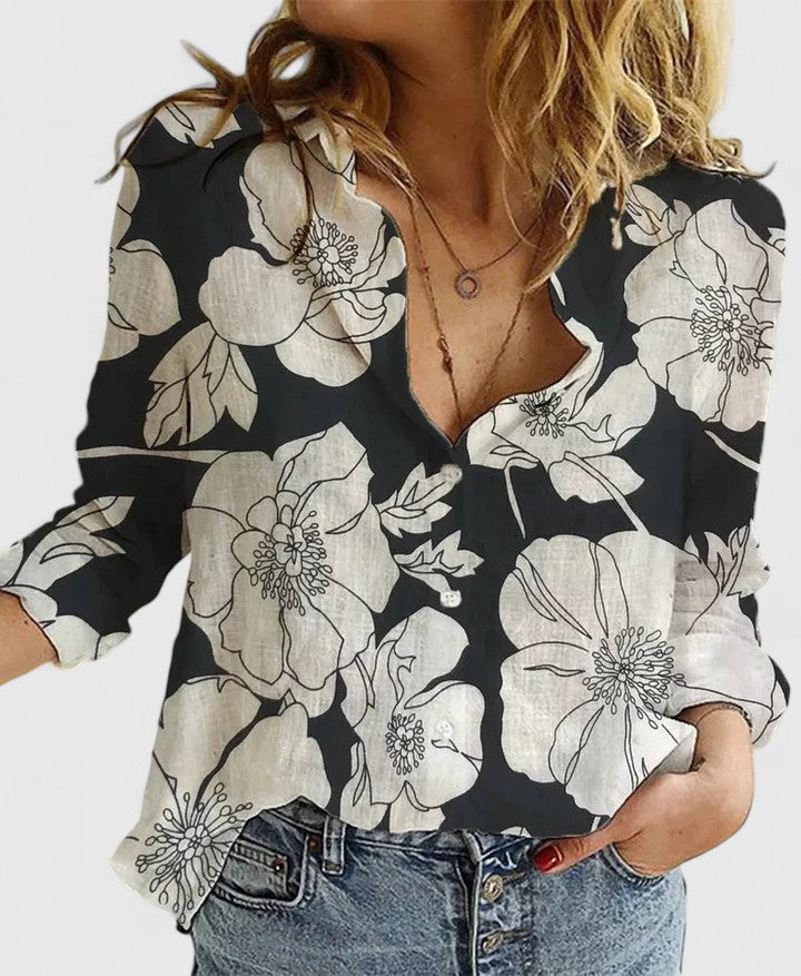 Sylviana | Women's Floral V-Neck Long Sleeve Blouse - Floral - Image 1