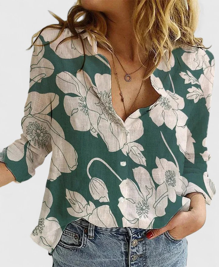 Sylviana | Women's Floral V-Neck Long Sleeve Blouse - Floral - Image 4