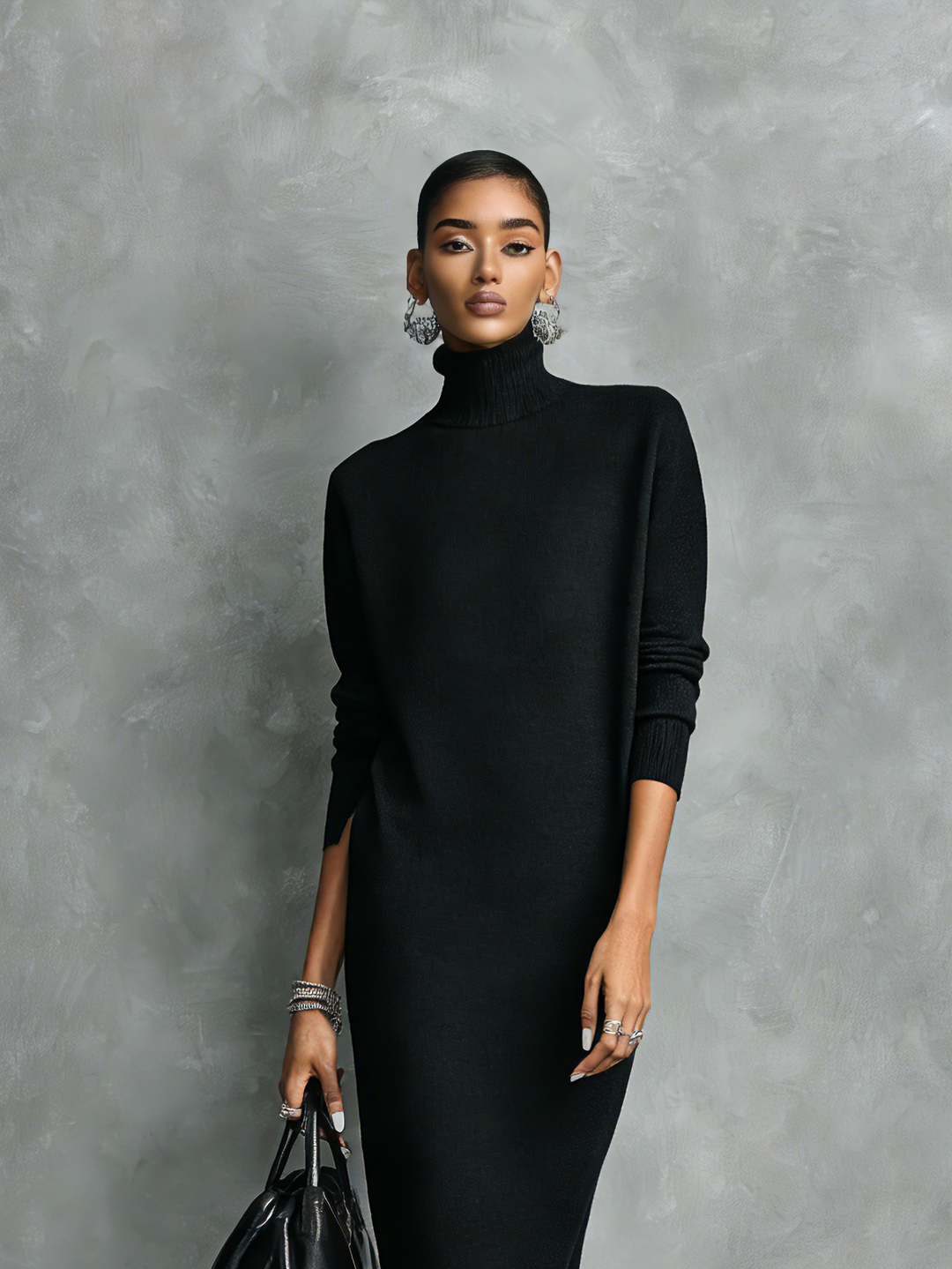 Sylvorne | Women's Knit Midi Dress Turtleneck - Black - Image 2