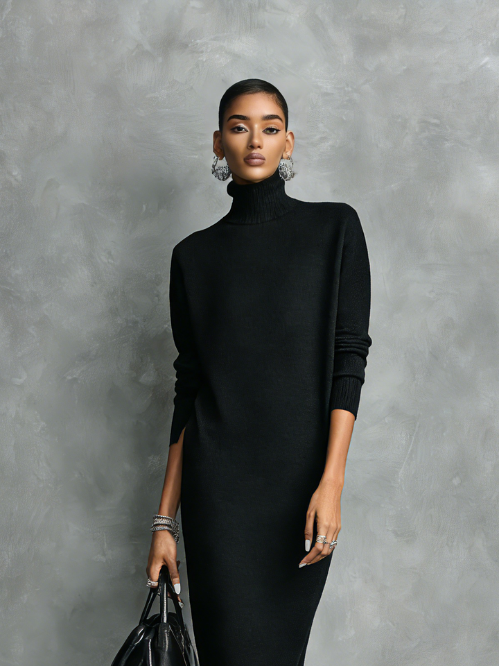 Sylvorne | Women's Knit Midi Dress Turtleneck - Black - Image 2