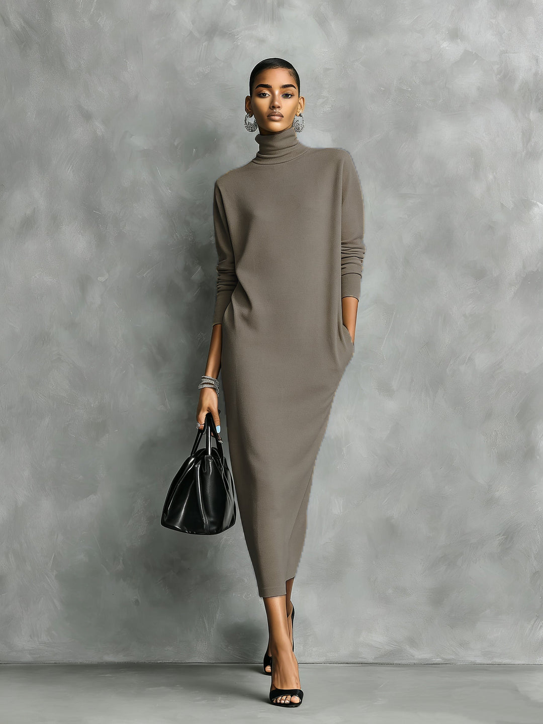 Sylvorne | Women's Knit Midi Dress Turtleneck - Black - Image 3