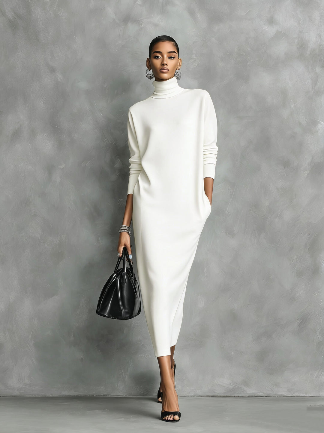 Sylvorne | Women's Knit Midi Dress Turtleneck - Black - Image 4