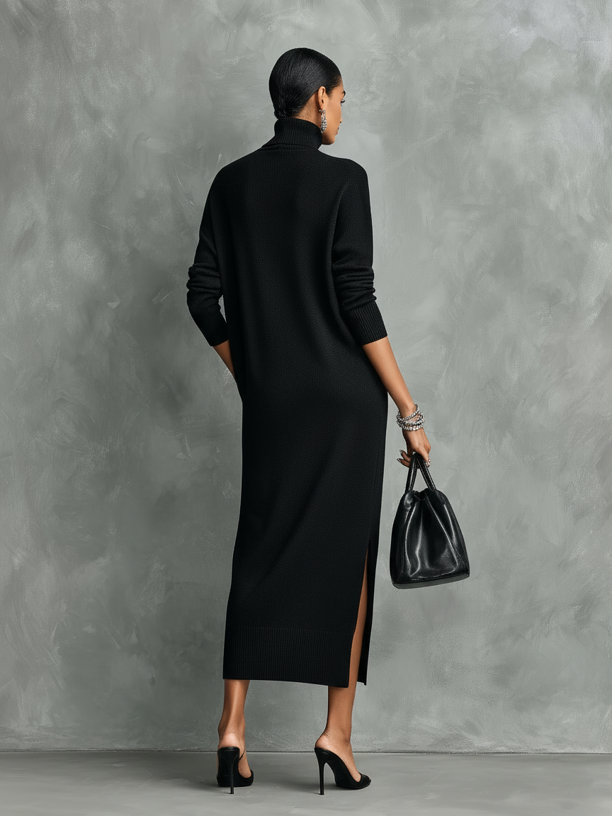 Sylvorne | Women's Knit Midi Dress Turtleneck - Black - Image 5