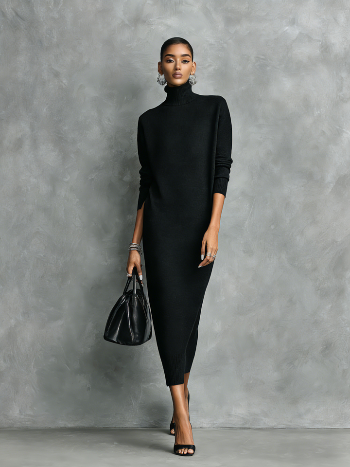 Sylvorne | Women's Knit Midi Dress Turtleneck - Black - Image 6