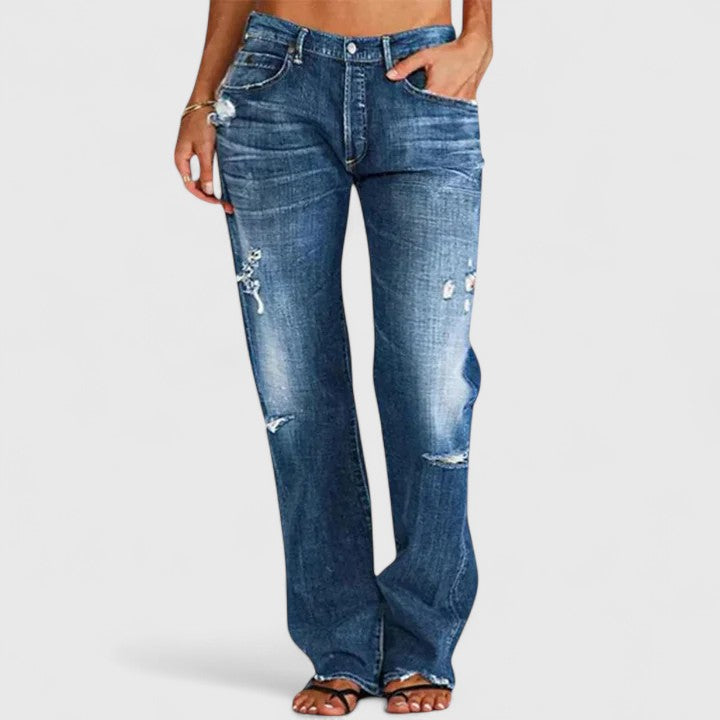 Tabitha | Women's Distressed Low Rise Straight Leg Jeans - Light Blue - Image 2