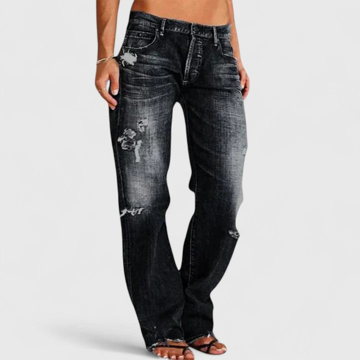 Tabitha | Women's Distressed Low Rise Straight Leg Jeans - Light Blue - Image 3
