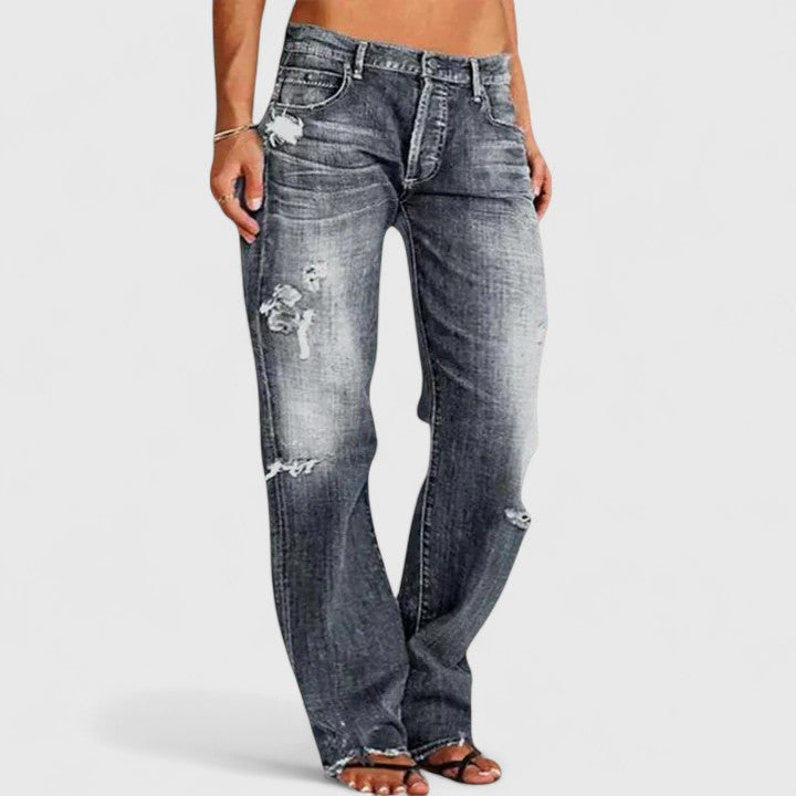 Tabitha | Women's Distressed Low Rise Straight Leg Jeans - Light Blue - Image 4