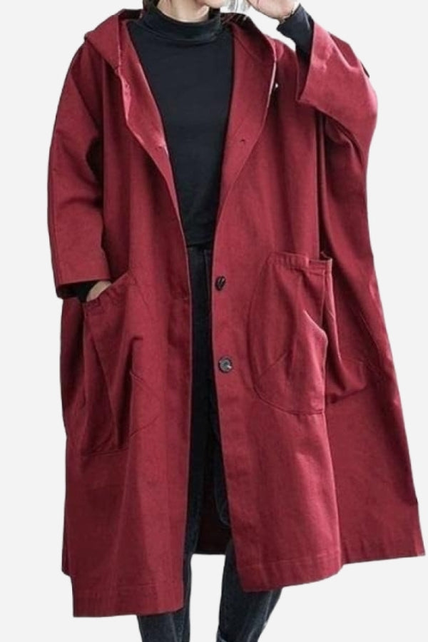 Tabitha | Women's Oversized Hooded Long Coat - Burgundy - Image 1
