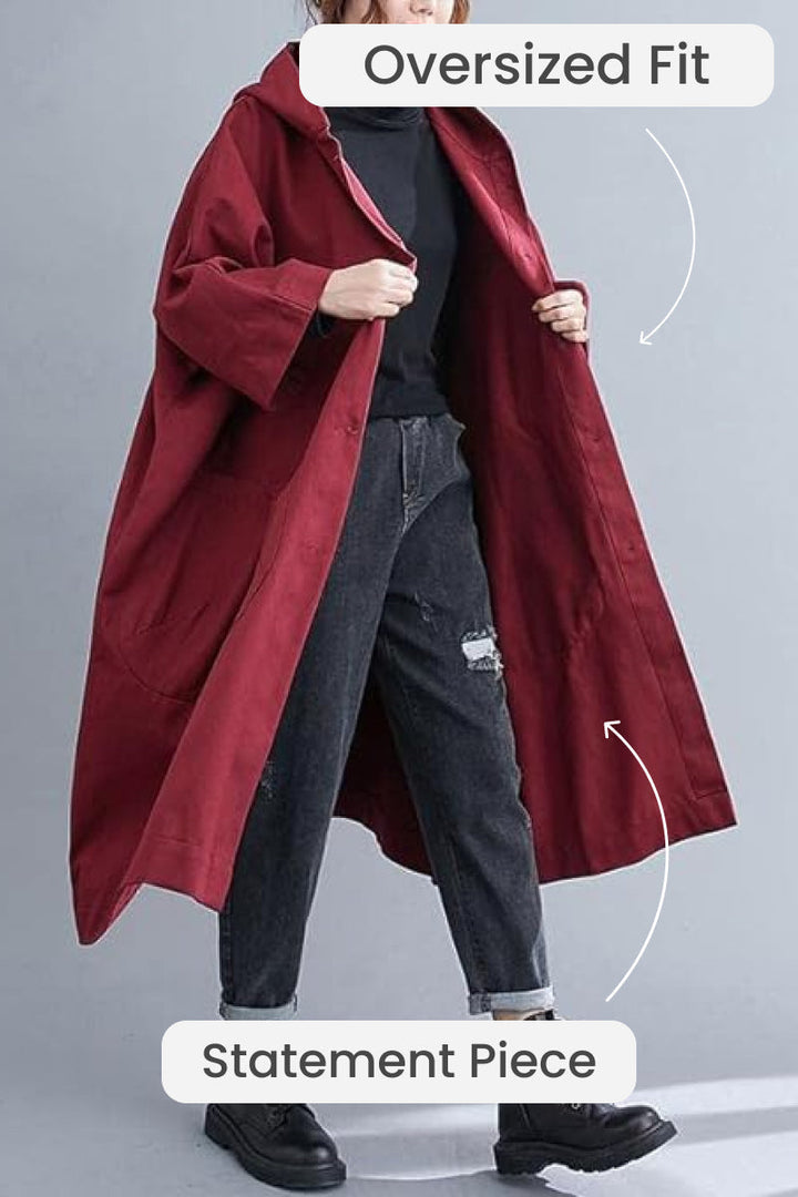 Tabitha | Women's Oversized Hooded Long Coat - Burgundy - Image 3