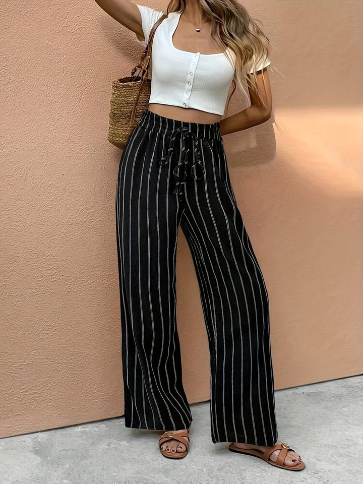 Taini | Women's Striped High Waist Wide Leg Pants - Striped - Image 3