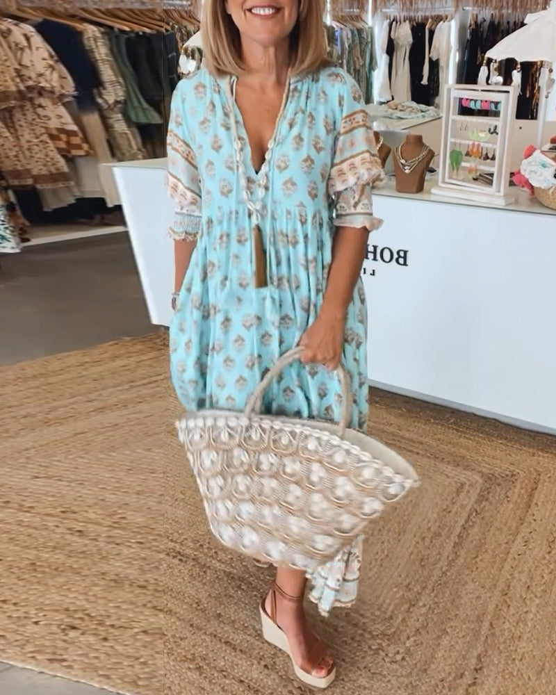Tallulah | Women's Boho Print Relaxed Maxi Dress - Turquoise - Image 1