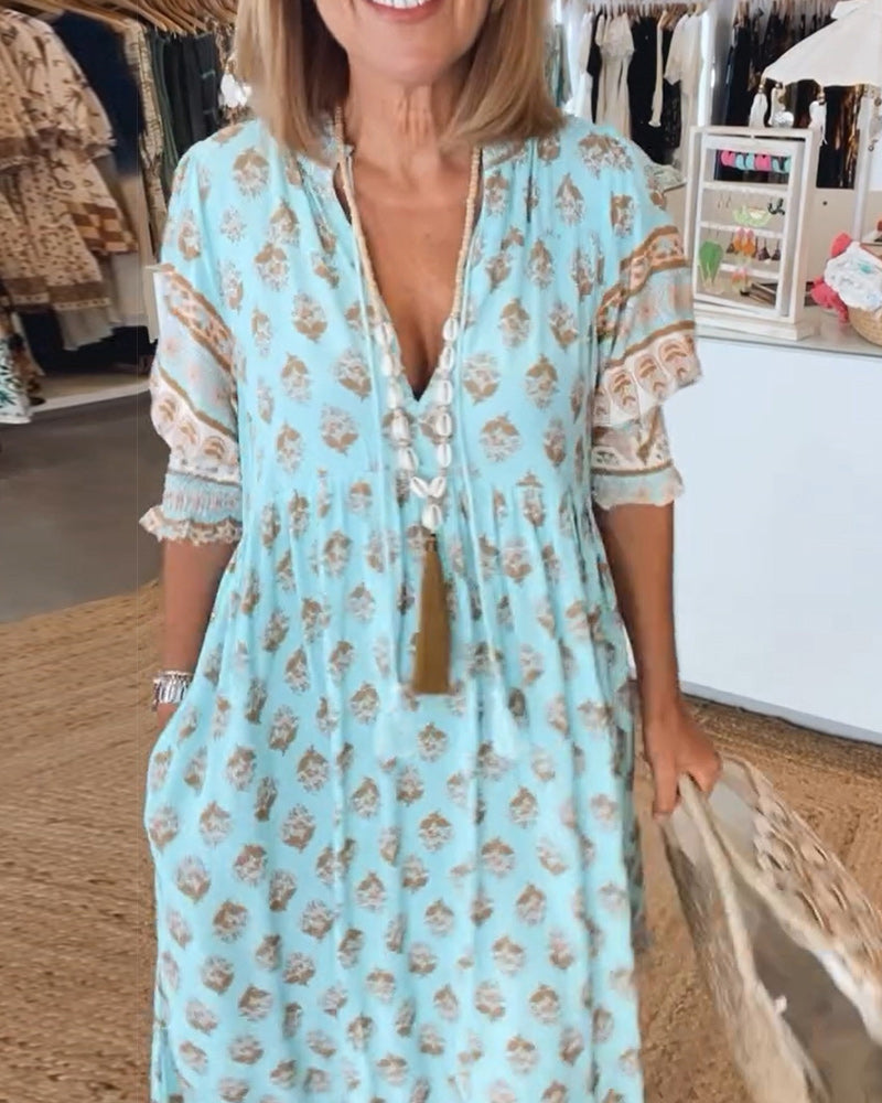 Tallulah | Women's Boho Print Relaxed Maxi Dress - Turquoise - Image 4