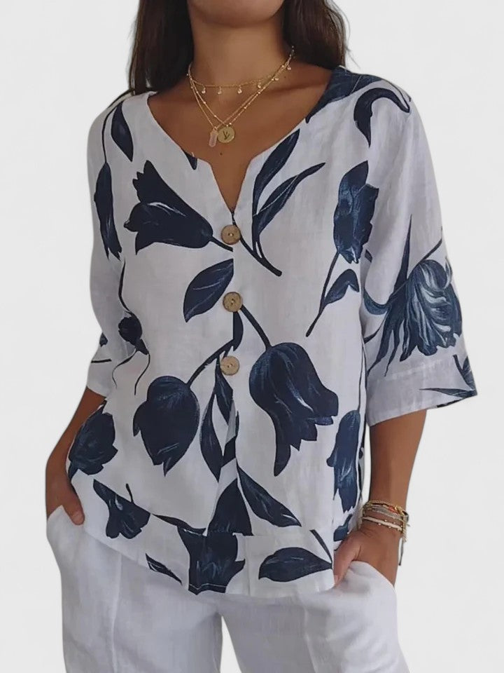 Tamsin | Women's Floral V-Neck 3/4 Sleeve Blouse - Floral - Image 1