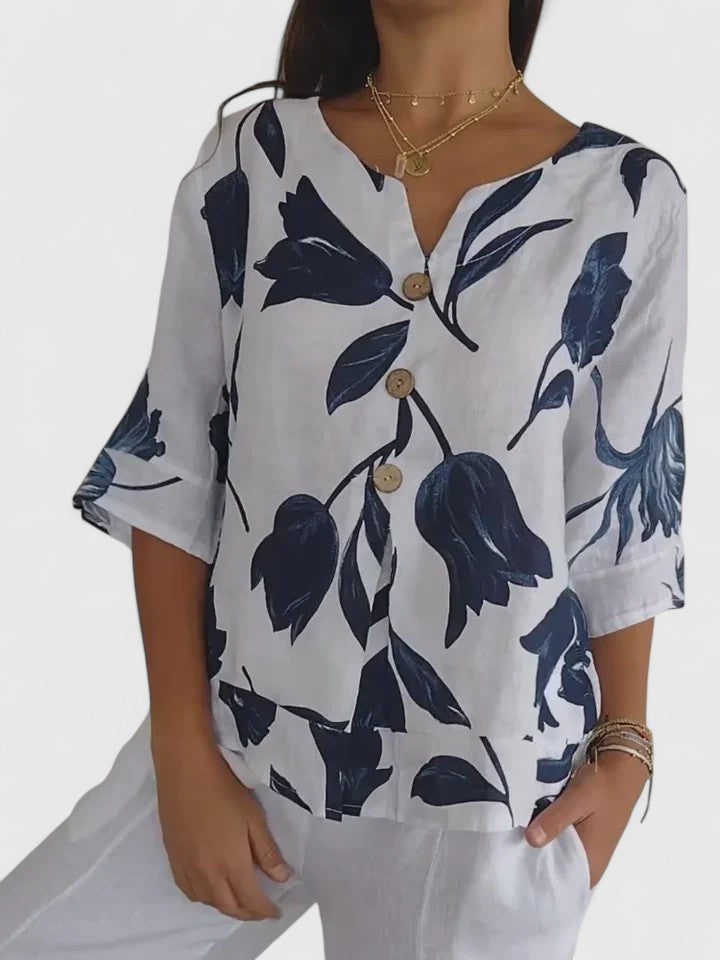 Tamsin | Women's Floral V-Neck 3/4 Sleeve Blouse - Floral - Image 3