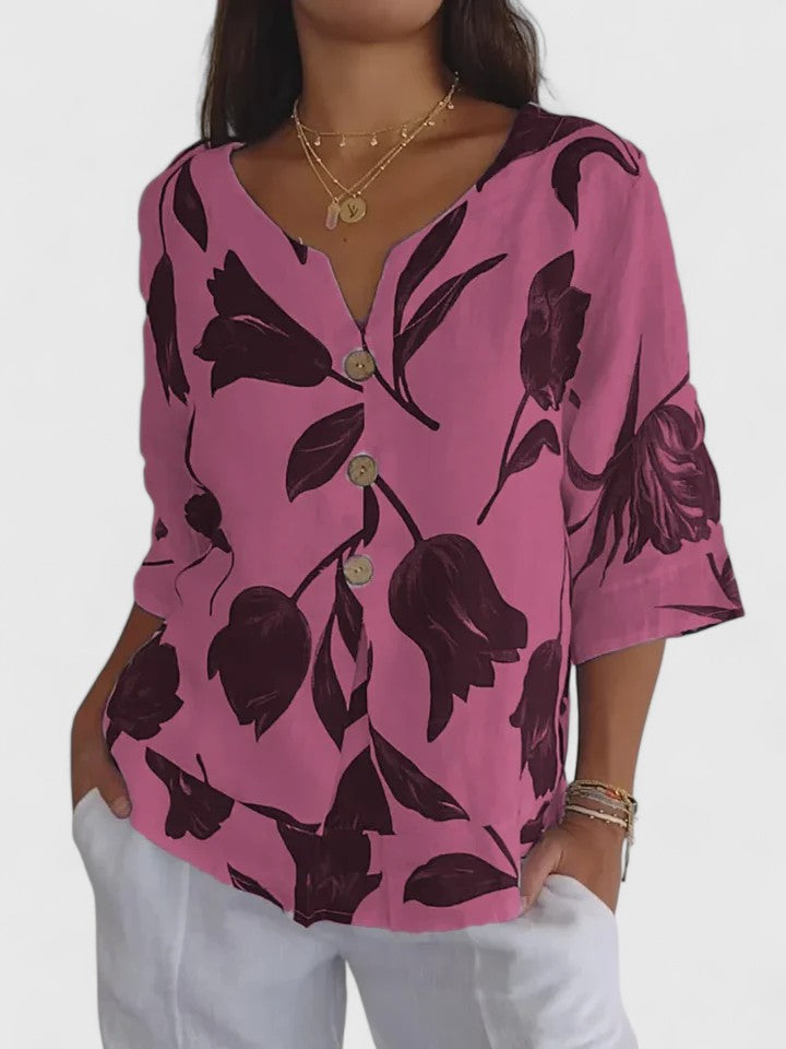 Tamsin | Women's Floral V-Neck 3/4 Sleeve Blouse - Floral - Image 4