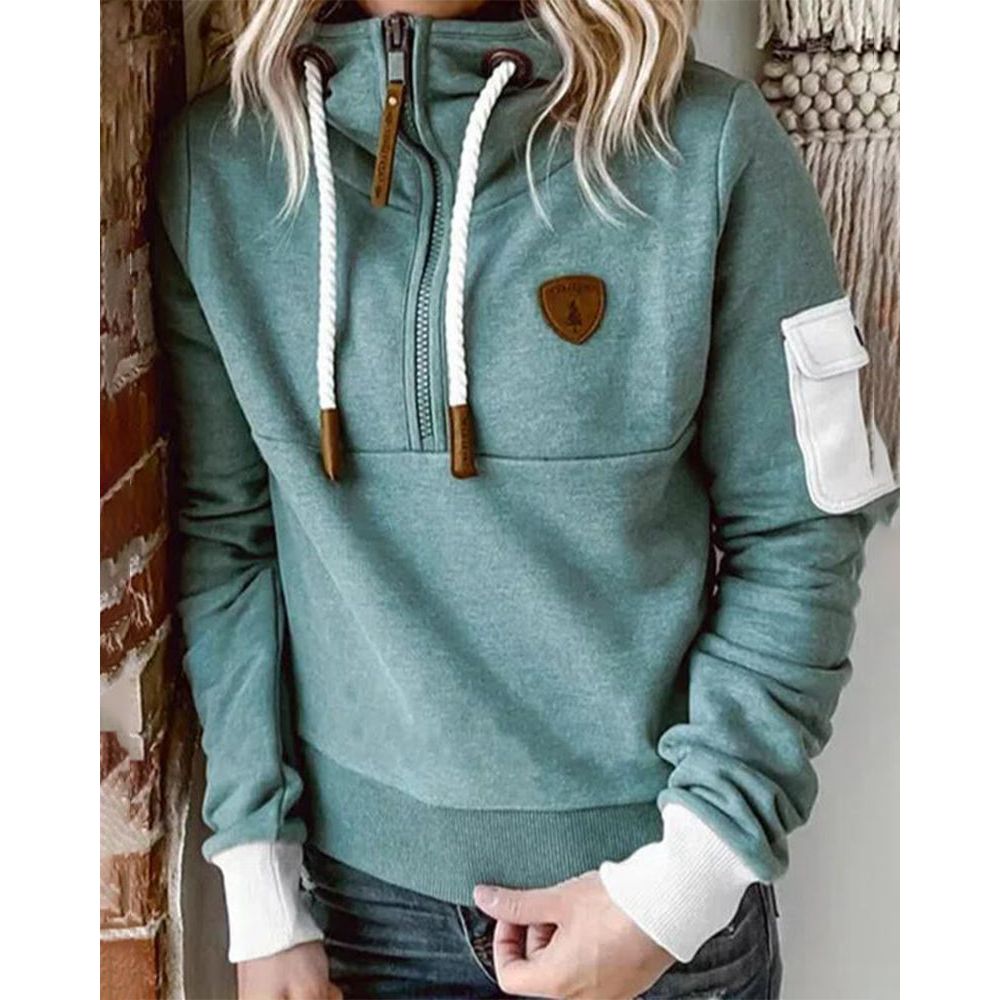Tamsin | Women's Half Zip Mock Neck Hoodie - Teal - Image 2