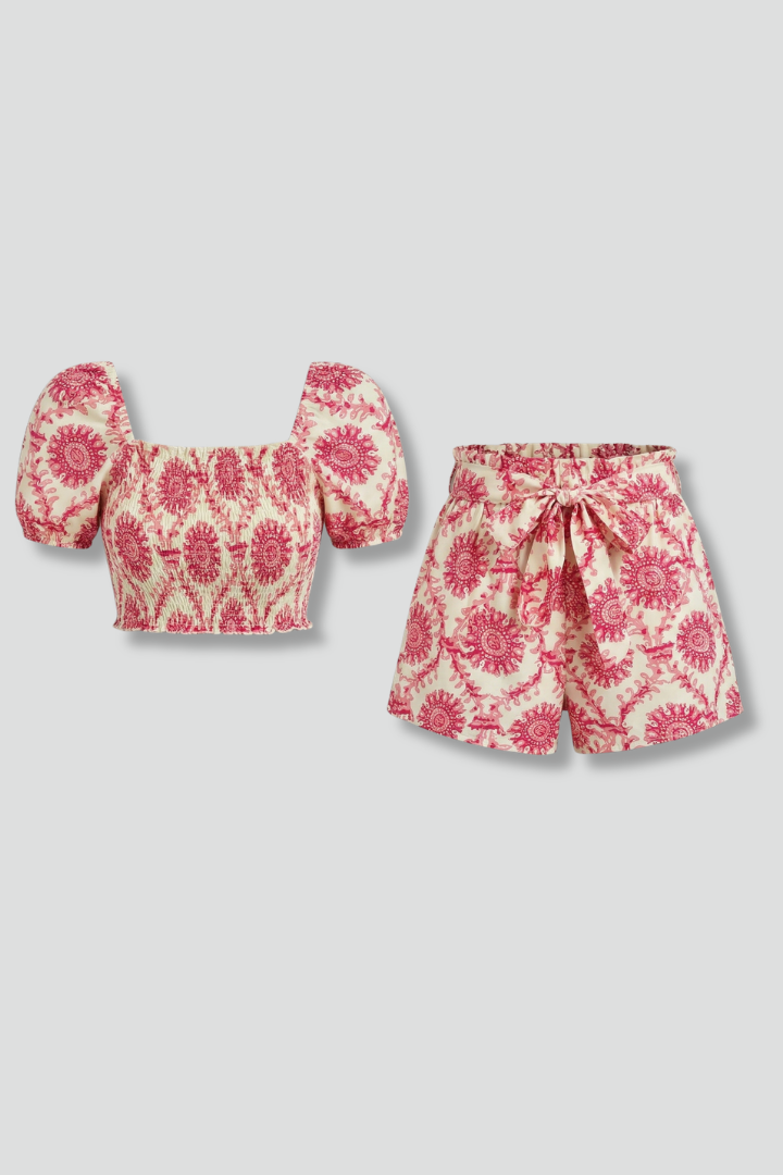 Tarvelle | Women's Linen Two Piece Set Crop Top Shorts - Pink - Image 2