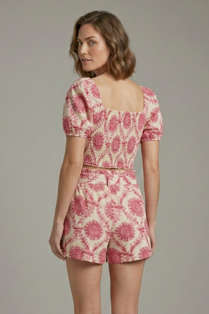 Tarvelle | Women's Linen Two Piece Set Crop Top Shorts - Pink - Image 5