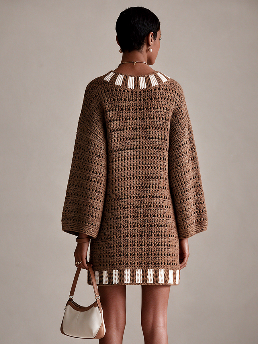 Tarvindra | Women's Crochet Knit Mini Dress - Brown - Image 2