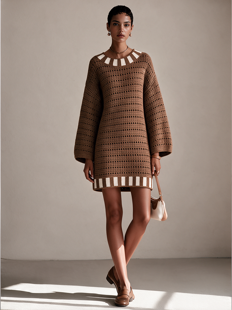Tarvindra | Women's Crochet Knit Mini Dress - Brown - Image 3